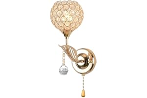 WeFoonLo Modern Crystal Wall Light Pendent Lamp Chrome Finish Bedroom Sconce Lighting Fixture with Pull Cord Switch, E14 Socket (Gold)