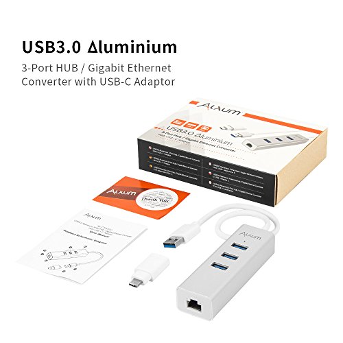 alxum 2-in-1-usb-c zu 3 Ports USB 3.0 HUB mit Gigabit Ethernet Adapter und LAN Kabel Netzwerk Konverter für Geräte der U89 New MacBook 2016, Chromebook Pixel mit 0,98 FT/30 cm Kabel (Unibody-Aluminium) - 6