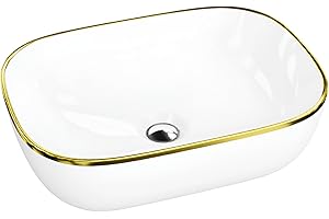 LAVITA Costa Gold Line countertop washbasin Rectangular Sink Without Overflow and tap Hole Ceramic countertop Basin Modern Bathroom Sink 46 x 32.5 x 13.5 cm, White