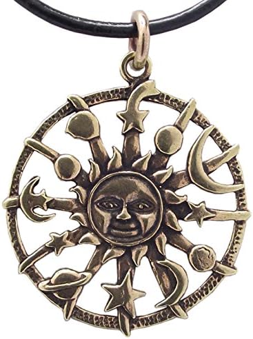 Bronze SUN PLANETS MOON &amp; STARS Pendant &amp; Black Leather Cord Necklace 43mm Drop