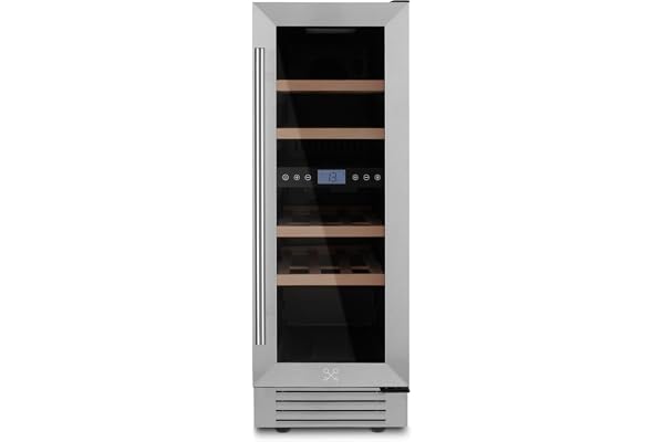 Les Petits Champs Cave à vin encastrable 17 bouteilles CAVCED17 53L, Acier inoxydable, porte vitrée anti-UV, Sytème thermodynamique réglage de 5°C à 12°C, Silencieuse, Eclairage, 5 Etagères