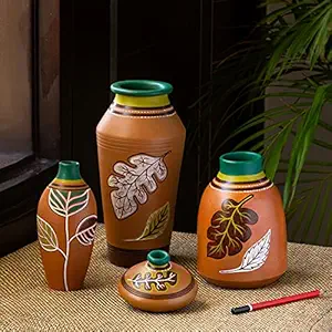 ExclusiveLane Shades of a Leaf Handpainted Flower Vase for Living Room Terracotta Pots Home Decor Flower Vases & Show Pieces (Set of 4, Earthen Pots)