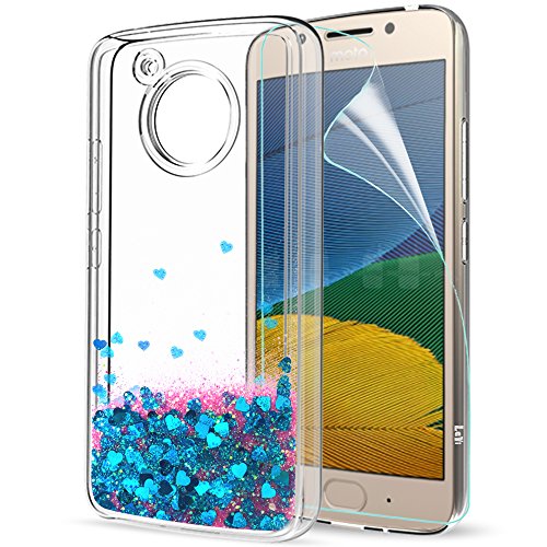 LeYi Funda Motorola Moto G5 Silicona Purpurina Carcasa con HD Protectores de Pantalla,Transparente Cristal Bumper Telefono Gel TPU Fundas Case Cover para Movil Motorola Moto G5 ZX Azul