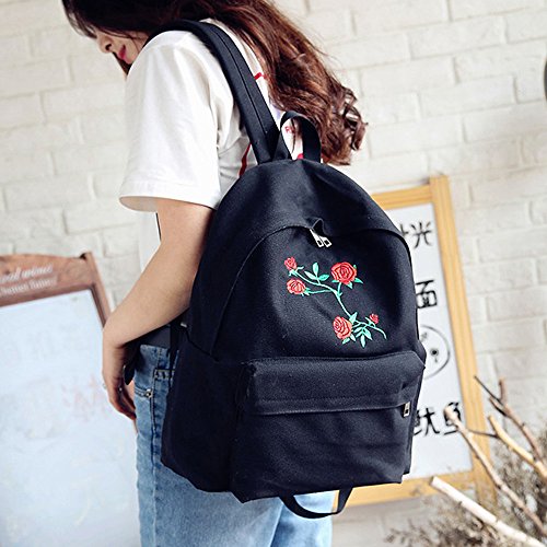 M  dchen Leinwand Rucksack Hansee Fashion Preppy Rose Stickerei Schule Taschen Campus Canvas Student Rucksack  black 