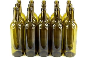 MADE IN ITALY Botella de vino de 750 ml, color verde oliva, vacía, botella de cristal, licor, vino con corcho, 15 unidades