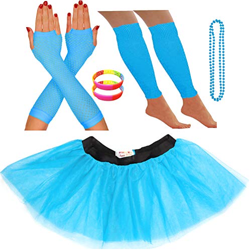 Redstar Fancy Dress - Costume Fluo - Gonna Tutu, Scaldamuscoli, Guanti a Rete, Collana con Perline e Braccialetti - Turchese - Taglia EU 36-40