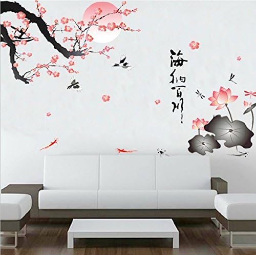 GUOGUOD Chinese Pattern All River Into the Sea Plum Blossom Lotus Flowers Removable Wall Sticker Decor 90*60