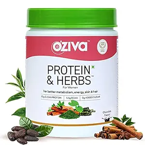 OZiva Protein & Herbs, Women (Natural Protein Powder with Ayurvedic Herbs - Shatavari, Giloy, Curcumin, & Multivitamins) for Better Metabolism, Skin & Hair, Certified Clean (Chocolate, 500g)