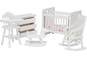 ATYHAO Meble do domku dla lalek zestaw do pokoju dziecięcego, 1:12 domek dla lalek miniaturowe drewniane dzieci białe łóżko szafka do siedzenia Mini meble zabawkowy model (5 sztuk)