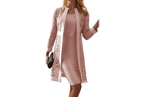 GOOLECRIMP Mujeres Elegante Dos Piezas Traje de Trabajo Conjunto Vestido Sin Mangas Liso y Encaje Hollow out Cardigan Conjunto de Vestido de Fiesta de Novia