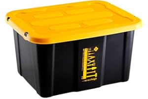ACAN Tradineur - Caja de almacenaje apilable con tapa, plástico, cajón multiusos, ordenación, herramientas, hogar, fabricada en España (Amarillo y negro - 30 litros - 48 x 38 x 25,5 cm)