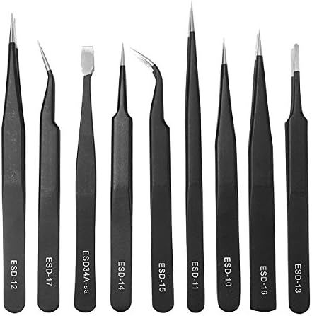 Cymuros 9 pcs ESD Precision Anti-Static Stainless Steel Tweezers Kits Set Tweezer Maintenance Tools Sets for Laboratory Work Electronics Jewelry-Making Hobbies, in Rolling Package