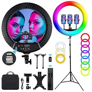 18 inch RGB Ring Light AMAZKER LED Ring Light with Stand and Phone Holder 25 Color Modes 55W 6000K Dimmable 10 Brightness Level Up to 5000 Lux Circle Light for Live Stream/Makeup/YouTube/Vlog/Selfie