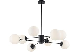 KCO Lighting Lampadario Moderno a Sospensione in Vetro Nero a 8 Luci con Globi di Vetro Bianco, Lampadario a Sfera Sputnik Nero Bianco con Sfere di Vetro per Cucina, Soggiorno, Camera da Letto