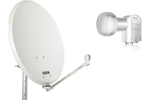 OPTICUM QA60 Satellitenschüssel 60 cm lichtgrau mit Quad LNB LQP 04H - 4K HD & 3D fähig - Witterungsbeständige Sat-Antenne aus Stahl inkl. 2 Mastschellen - Sat Anlage für 4 Teilnehmer