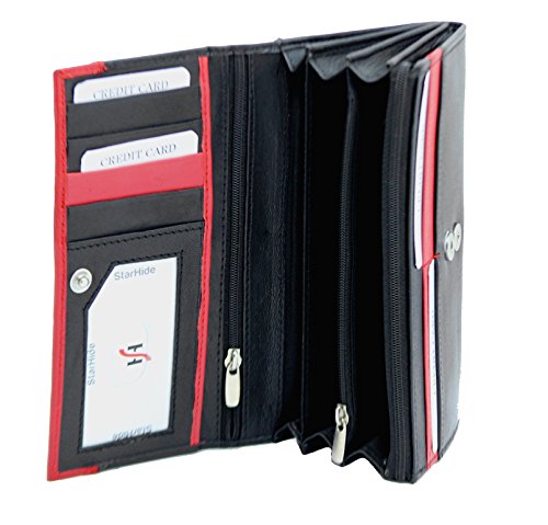 Ladies Luxury Soft Black Red Real Napa Leather Long Flap-over Purse Multi Credit Card Wallet with 2 Inner Zip pocket # 370