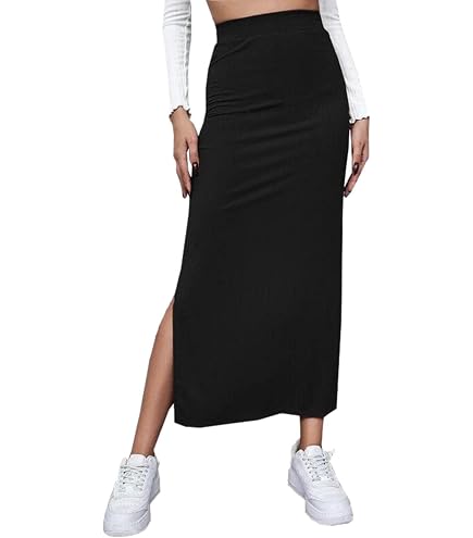 Jupe Longue En Tricot Côté Fente Latérale - Taille Haute élastique - Hiver - Pour Loisirs, Bureau Décontracté - 3