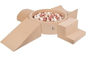 KiddyMoon Velvet Aire De Jeux en Mousse avec Rond Piscine À Balles (300 Balles) Fosses À Boules pour Enfants Jouets Parcours Obstacles, Beige Sableux: Beige Pastel/Saumon/Blanc
