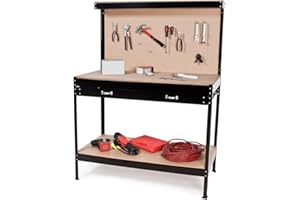 Fenixshop24 Banco da Lavoro in acciaio 120x60cm H 155 con 2 ripiani in MDF, cassetto e pannello con parete forata e ganci universali per attrezzi - Nero