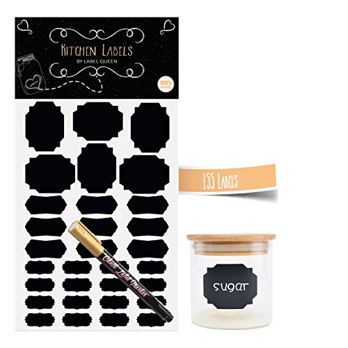 Juego de 155 pegatinas LabelQueen con superficie de pizarra negro mate, fabricadas de vinilo, en una práctica caja dispensadora, para tarros de conserva o mermelada