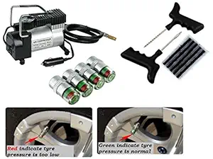Auto Pearl - Metal Tire Inflaltor 12 Volts 150 PSI Heavy Duty Piston Compressor, Puncture Kit and Tire Air Alert