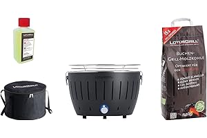 LotusGrill S Nero Starter-Set, 1 griglia, 1 carbone di faggio da 2,5 kg, 1 pasta combustibile da 200 ml, 1 borsa per il trasporto (Black)