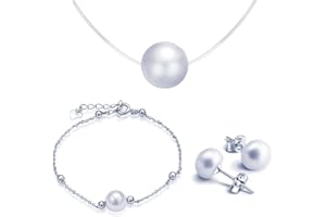 Yumilok Bijoux ensemble de perle parures pour femme fille collier court en fil nylon transparent et bracelet et boucle d'oreille en argent 925