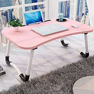 LuvBells Smart Multi-Purpose Laptop Table with Dock Stand and Coffee Cup Holder/Study Table/Bed Table/Foldable and Portable/Ergonomic & Rounded Edges/Non-Slip Legs/Engineered Wood (Baby Pink)