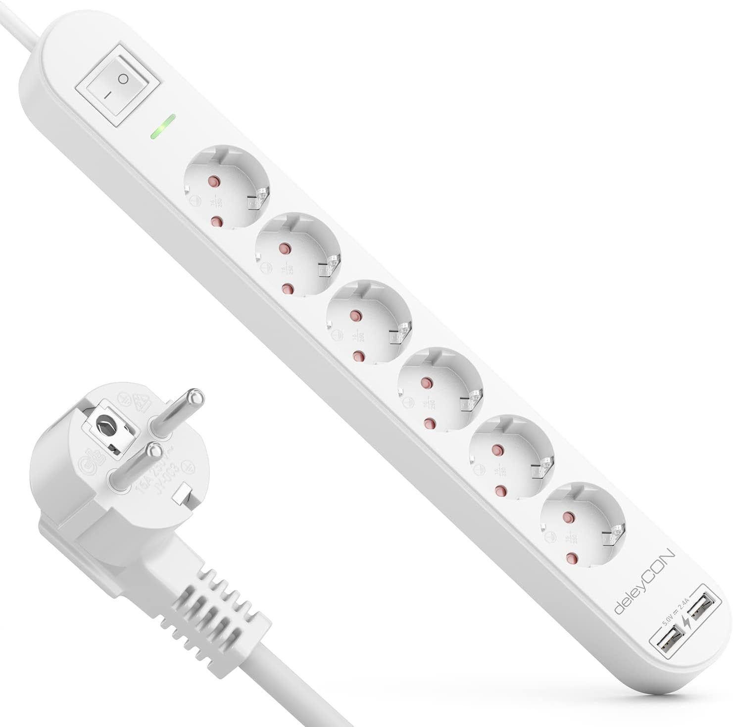 deleyCON Regleta con 1,5 m, Seis Tomas, Puertos USB, Dos Salidas USB-A para Cargar Móvil y Tableta, Protección contra Sobretensión, Interruptor, Blanco