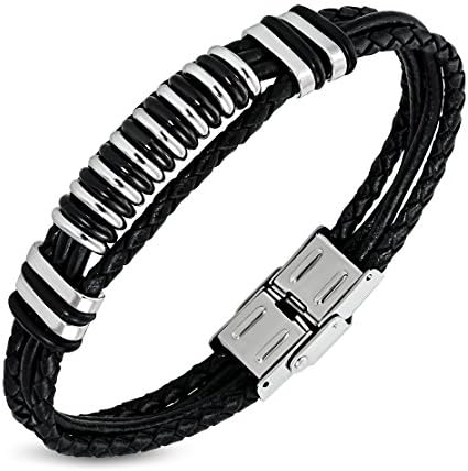 Black Braided Leather Bracelet with Stainless Steel Geometric Tube Beads O-Rings Wath Style