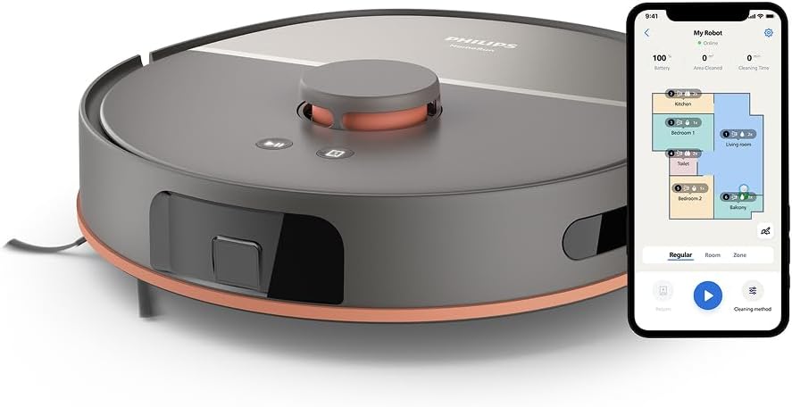 Philips HomeRun 5000 Islak ve Kuru Robot Süpürge – Çift Döner Mop, 10.000 Pa Emiş Gücü, Saç Dolanmayan Fırça, Uygulama Kontrollü, Halı Modu (XU5000/10)