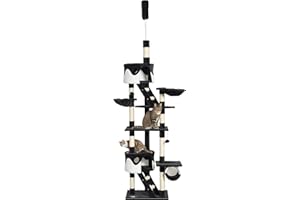 PawHut Floor to Ceiling Cat Tree, 240-260cm Adjustable Height Cat Tower with Scratching Posts, Cat Houses, Ramps, Hammocks, Toy Balls, Tunnel for Indoor Cats - Black