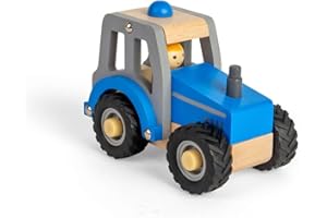 Bigjigs Toys Mini Blue Tractor - Wooden Farm Vehicle with Realistic Rubber Wheels & Farmer Driver Figure, Kids Toy Tractors & Trucks, Gifts For Toddlers, Age 12+ Months
