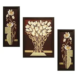 Indianara 3 Pc Set of Flower (995) Paintings Without Glass 5.2 X 12.5, 9.5 X 12.5, 5.2 X 12.5 Inch