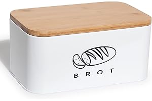 Theo&Cleo, contenitore per il pane con coperchio, in bambù ecologico, può essere utilizzato come tagliere, spazioso contenitore per pane in metallo, 30 cm x 18 cm x 14 cm, bianco