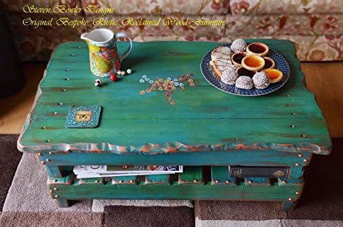 Bespoke Rustic Reclaimed Wood Coffee Table Green & Copper with Hand Painted Cottage Flower Design