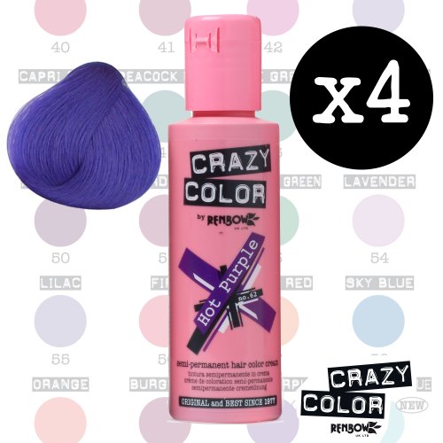 Crazy Colour Semi Permanent Hair Dye By Renbow Hot Purple No.62 (100ml) Box of 4