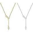 Aineecy Infinity Cross Pendant Necklace Long Chain Endless Love Symbol Christian Cross Lariat Sweater Necklace for Women Men Couple Necklace 2pcs Set Jewelry