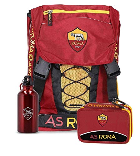 Zaino estensibile scuola AS Roma + Astuccio completo 3 zip + Borraccia moschettone Prodotto Ufficiale Originale 2019/20