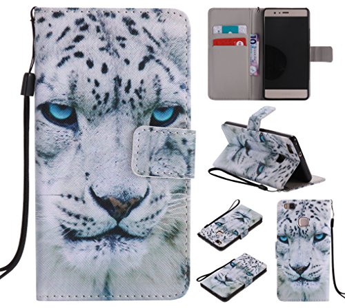 Feeltech HUAWEI P9 Lite Hülle PU-Leder und Brieftasche Bunte Muster Fall mit Magnetverschluss, Hybrid-Kickstand mit Stand-Funktion, schlagen Sie schützende weiche TPU Stoßstangenabdeckung und Kreditkartenhalter für HUAWEI P9 Lite Handgelenk Bügel-Buch-Art-Geldbeutel-Tasche mit 2 In 1 Berühren Sie Stift – White leopard - 7