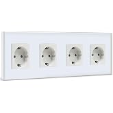 BSEED Wall Socket, 4 Schuko Plug with White Glass Panel, 16 A 250 V Power Outlet, Extension Sockets for Kitchen, Bedroom, Off