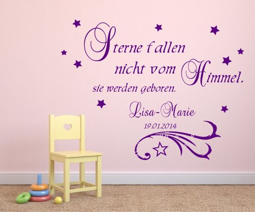 XXL Wandtattoo mit Namen fürs Kinderzimmer violett lila, Geschenk zur Taufe oder Geburt für Kinder, Baby ~ Sterne fallen nicht vom Himmel, sie werden geboren - für Jungen, Mädchen ~ 68032-130x100 cm Wandaufkleber Wandtatoos Sticker Aufkleber für die Wand, Fensterbild, Tapetensticker - weitere 32 Farben zur Wahl