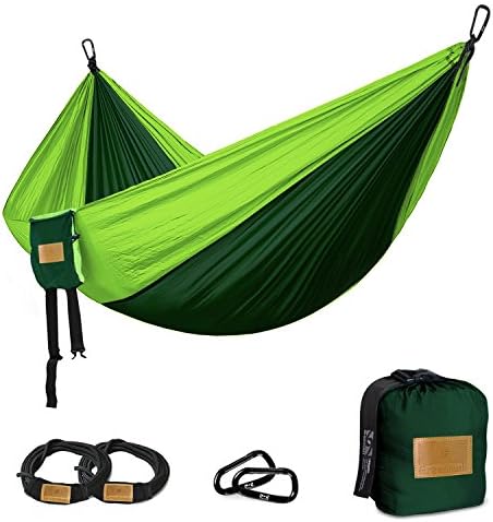 Greenmall Large Size Double Camping Hammock, Premium Portable Lightweight Parachute Nylon Hammock, Perfect For Backpacking, Travel, Beach, Hiking, 300cm*200cm, 1 Year Warranty (Dark Green)
