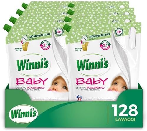 Winni's - Detersivo Lavatrice Baby Ipoallergenico in Ecoformato, 134 lavaggi, con Smacchianti Naturali da Biofermentazione e Materie Prime di Origine Vegetale, 800 ml x 8 Confezioni