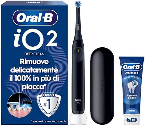 Oral-B iO 2 Spazzolino Elettrico Nero, 1 Testina Di Ricambio per Spazzolino Elettrico, Caricatore, Custodia Da Viaggio + 1 Dentifricio Oral B Advanced Rigenera Smalto, Pulizia Denti Efficace