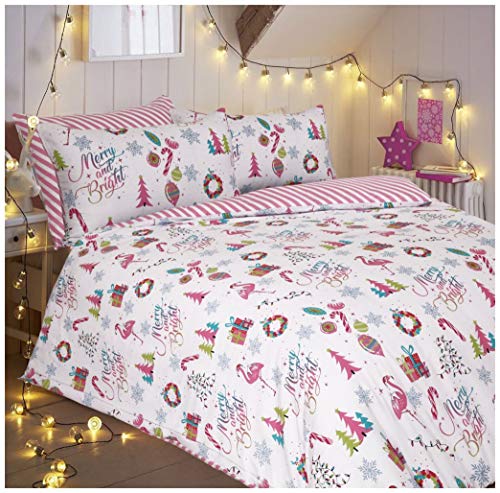 Goldstar ® Merry and Bright Christmas Flamingo Multi Duvet Cover Bedding Set, Pillow Case, Single