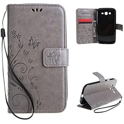 Leathlux Para Samsung I9060i Galaxy Grand Neo Plus Funda , Retro Flor Carcasa PU Cuero Tapa Cover Bookstyle Cartera TPU Case Con Correa de Muñeca con Función de Soporte Gris Para Samsung I9060i Galaxy Grand Neo Plus