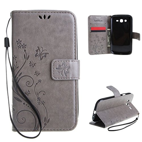 Leathlux Para Samsung I9060i Galaxy Grand Neo Plus Funda , Retro Flor Carcasa PU Cuero Tapa Cover Bookstyle Cartera TPU Case Con Correa de Muñeca con Función de Soporte Gris Para Samsung I9060i Galaxy Grand Neo Plus
