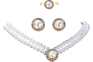 FARUODIS 4Pcs Pearl Strands Wedding Necklace Earrings Set Bridal French Crystal Choker Necklace Ring Sets Rhinestone Vintage French Collar Necklace Chain Jewelry for Women