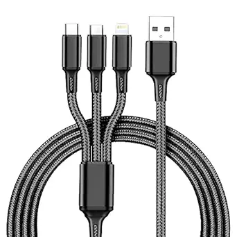 Cablebasket 3 in 1 Fast Charging Cable for Mobile Phones with Type-C, Micro-Usb, IOS Connector/Pins Nylon Braided Strong and Tough Data Cable Compatible for Smartphones like Samsung Redmi Realme IOS etc